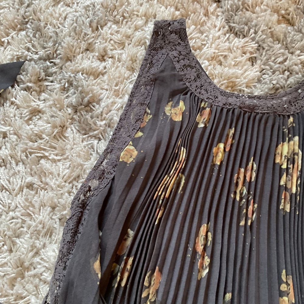 Free People Floral Pleated Lace Trim Sleeveless Mini Dress Charcoal Grey Medium - Picture 13 of 15